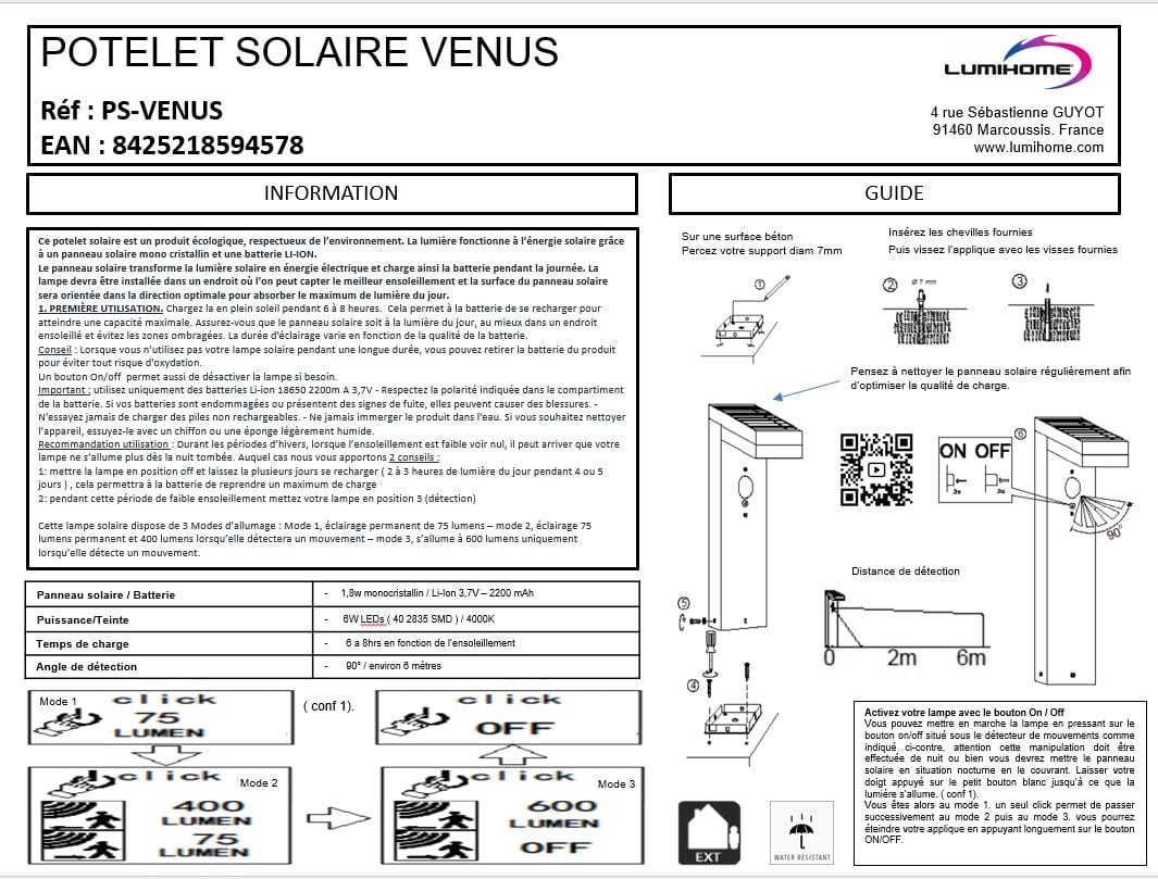 Borne Led Solaire VENUS - Détecteur de mouvements -  3 modes d'éclairage 75 à 600 lumens