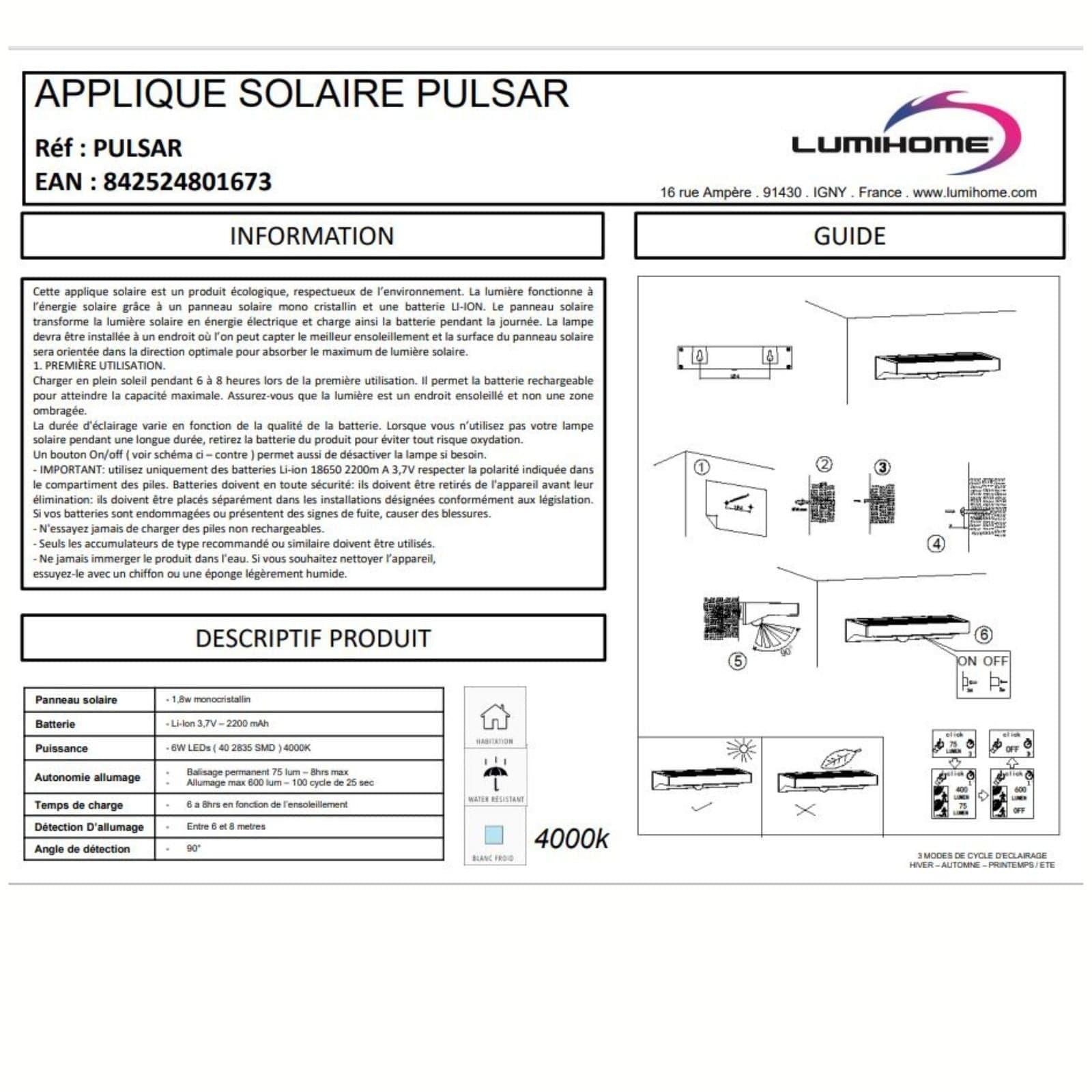Applique Led solaire exterieur PULSAR - Détecteur de mouvements - 3 modes d'éclairage 75 à 600 lumens - Lumihome-France.com