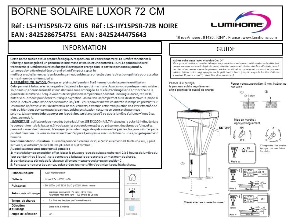 Borne led extérieure solaire noire LUXOR - Hauteur 72 cm - Détecteur de mouvements - 3 modes d'éclairage 75 à 600 lumens - Lumihome-France.com