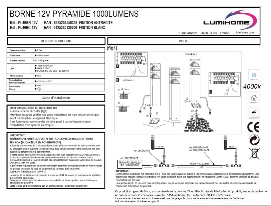 Borne Led Pyramide Blanche PYR_40BC_12V - Hauteur 40 cm - 1000 lumens - Spécial Abords de piscine - Transformateur non fourni - Lumihome-France.com
