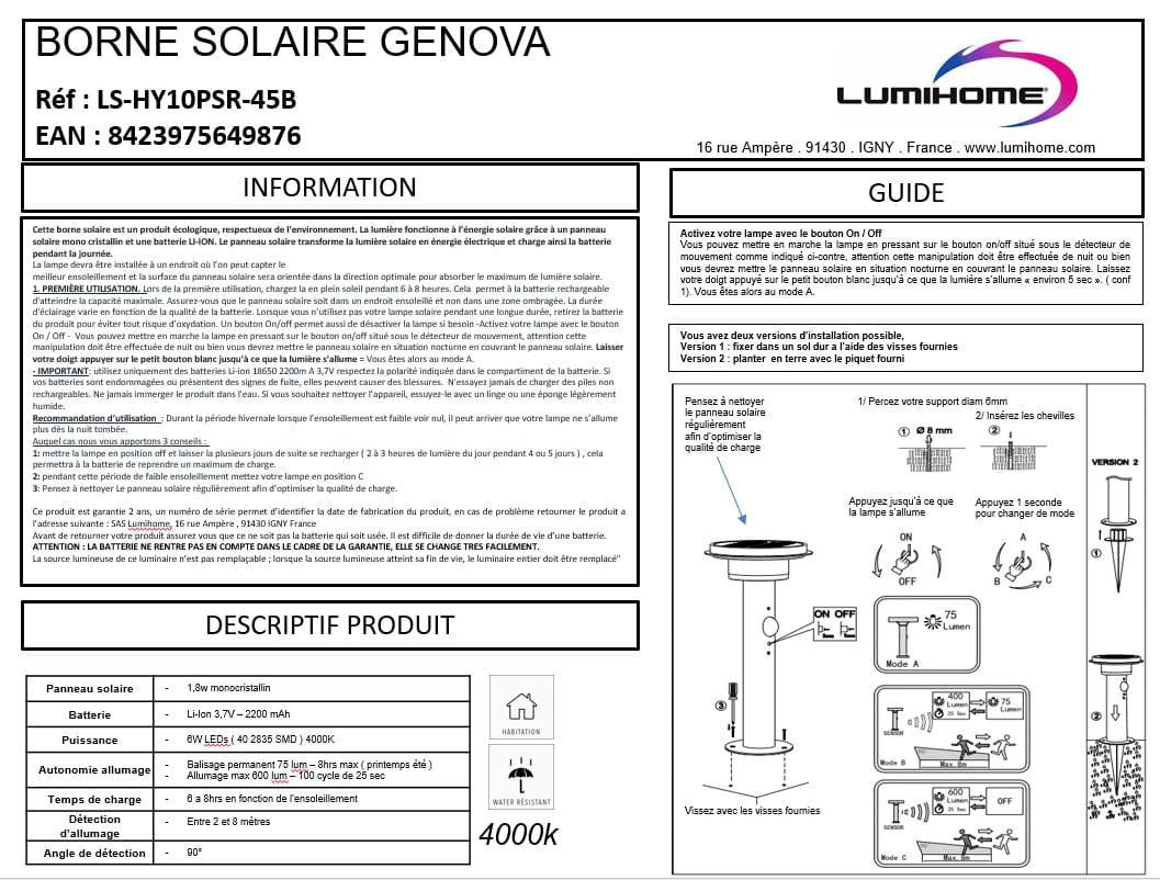 Borne Led solaire GENOVA - Détecteur de mouvements - 3 modes d'éclairage 75 à 600 lumens - Lumihome