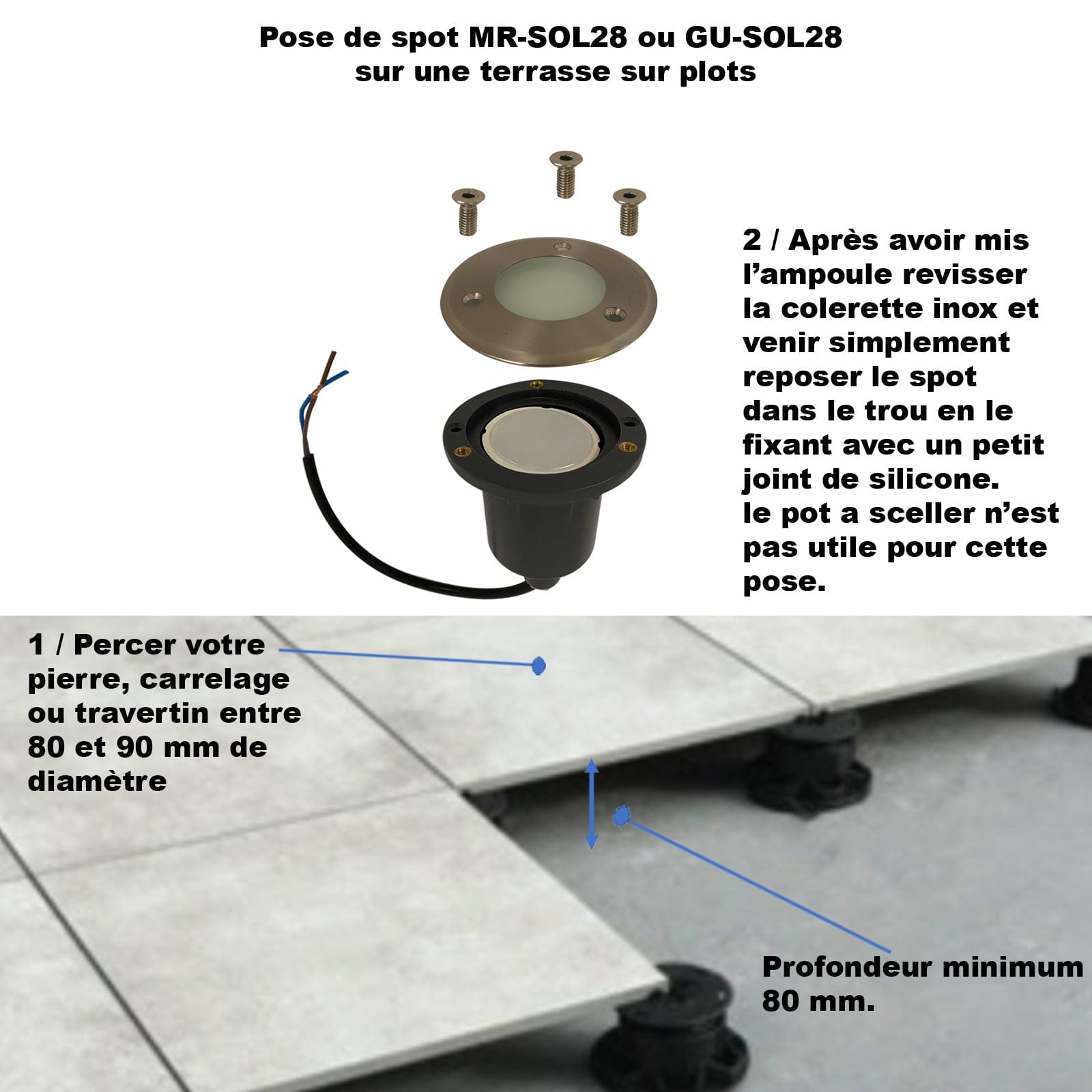 Spot encastrable pour abords de piscine MR–SOL28 - 12 Volt - Ø 10 cm - Ampoule interchangeable GU5.3 - Lumihome-France.com