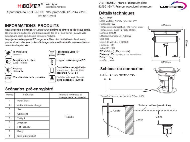 Led-Spot Eintauchbarer Brunnen RGB+CCT LoRa-Reihe - 12-24V AC/DC - Fernbedienbar - IP68 - Lumihome-France.com