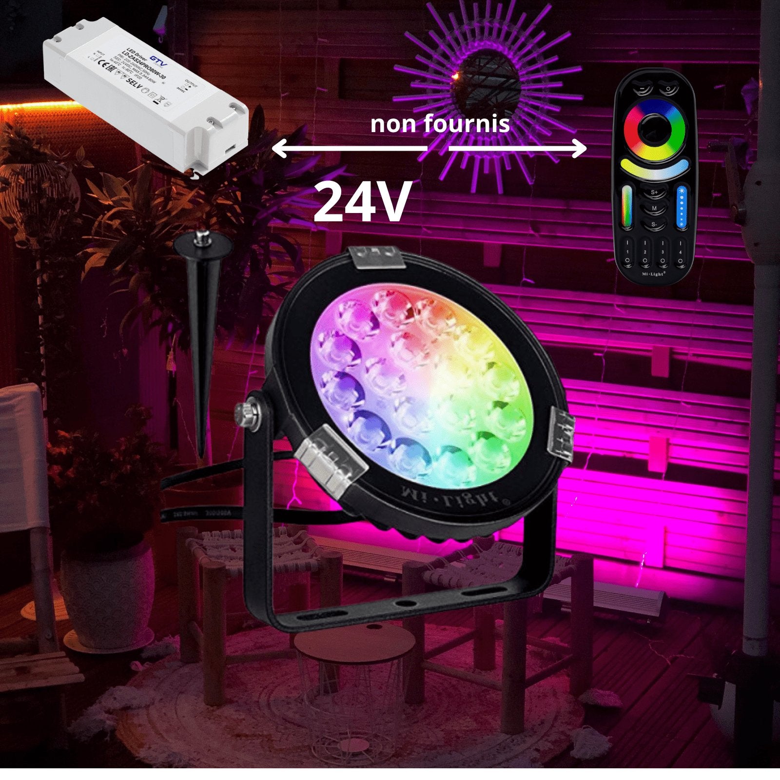 Led-Pfahlstrahler RGB/CCT verbunden - 24V - Ø 11.5 cm - Speziell für die Poolumgebung - Fernbedienbar - Lumihome