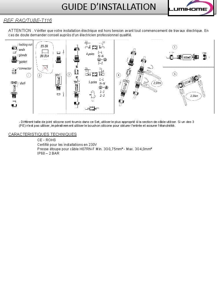 Conector estanco RAC/TUBE-116 - IP68 - 5 hilos - Para cable flexible - Lumihome