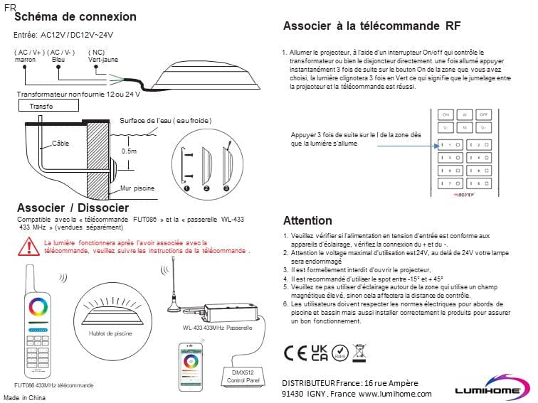 Luce per piscina RGB+CCT - 12~24V AC/DC - 15W gamma LORA -1100 lumen - IP68 - Lumihome