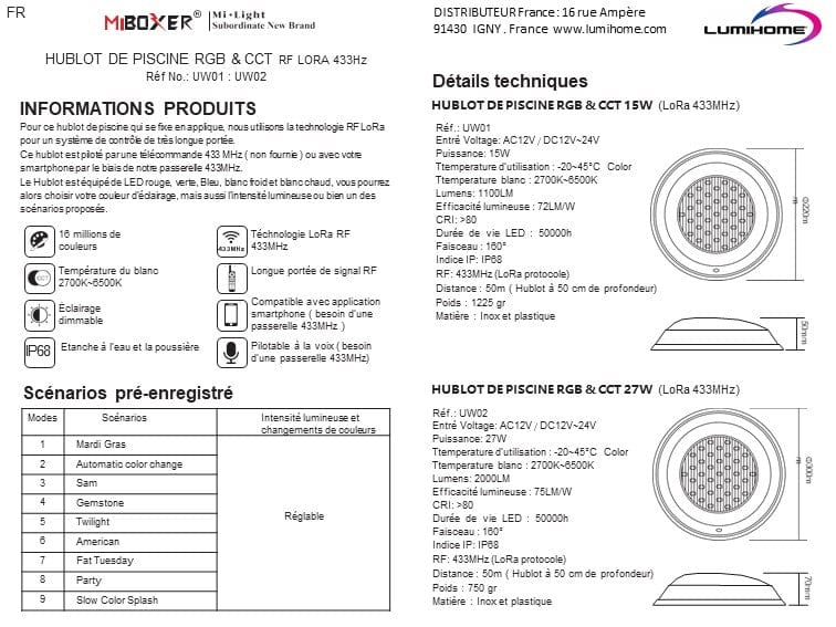 Hublot piscine RGB+CCT - 12~24V AC/DC - 15W Gamme LORA -1100 lumens - IP68 - Lumihome